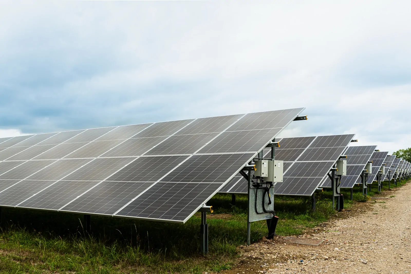 Rows of solar panels seen from ground level along a gravel track
