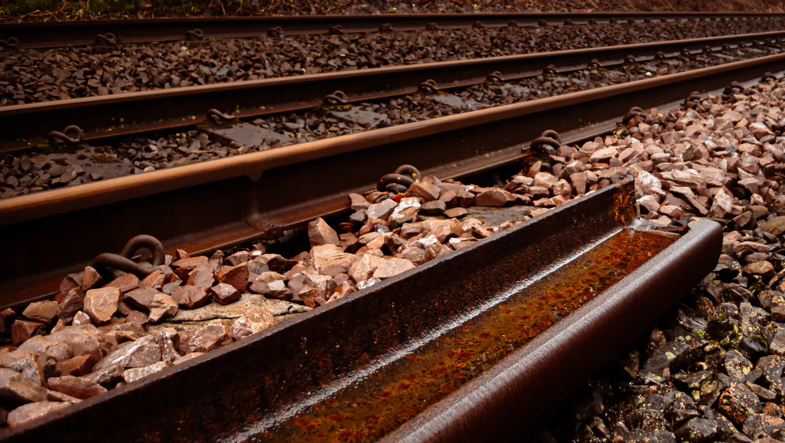 Close-up of railway track and ballast stones